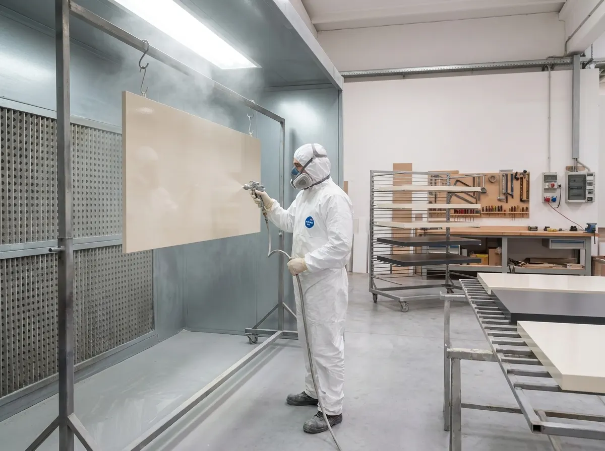 Spray painting a display panel in the paint booth